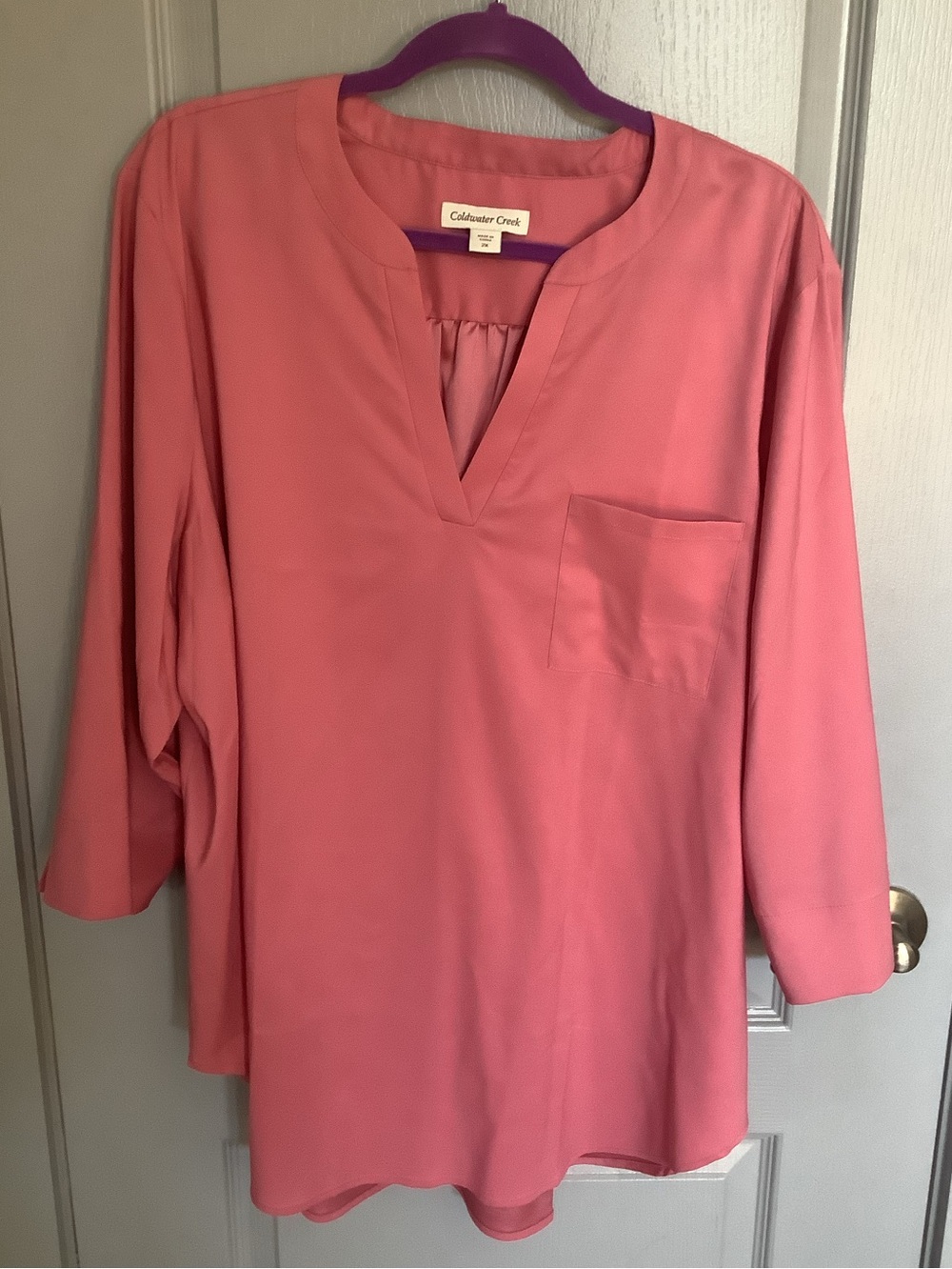 Coldwater Creek Rose-Pink Split V-Neck Tunic with Pocket